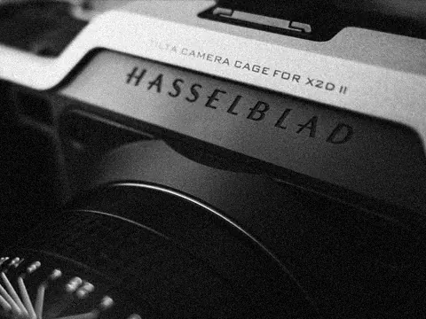 Macro detail of a Hasselblad X2D II in a Tilta camera cage